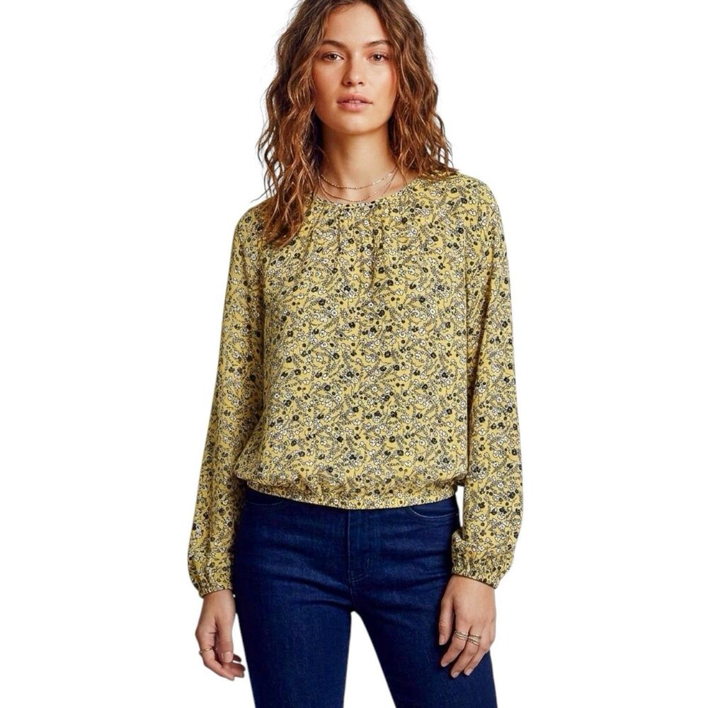 Tommy Hilfiger Women Blouse Small Floral Long Sleeve Yellow Preppy Colorful Boho